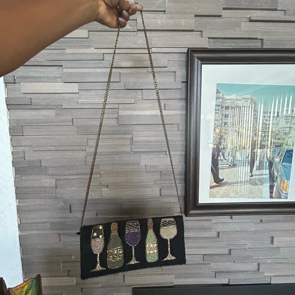 Mary Frances Beaded Wine Glass & Bottle Clutch / Crossbody Purse - Black - Picture 3 of 8